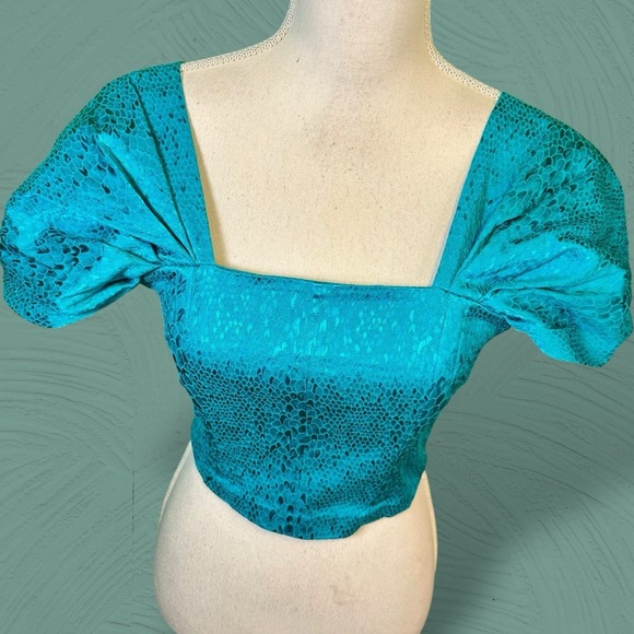 NWT ROTATE Birger Christensen ‘Petra’ Cropped Metallic Jacquard Top in Tile Blue - Picture 16 of 16